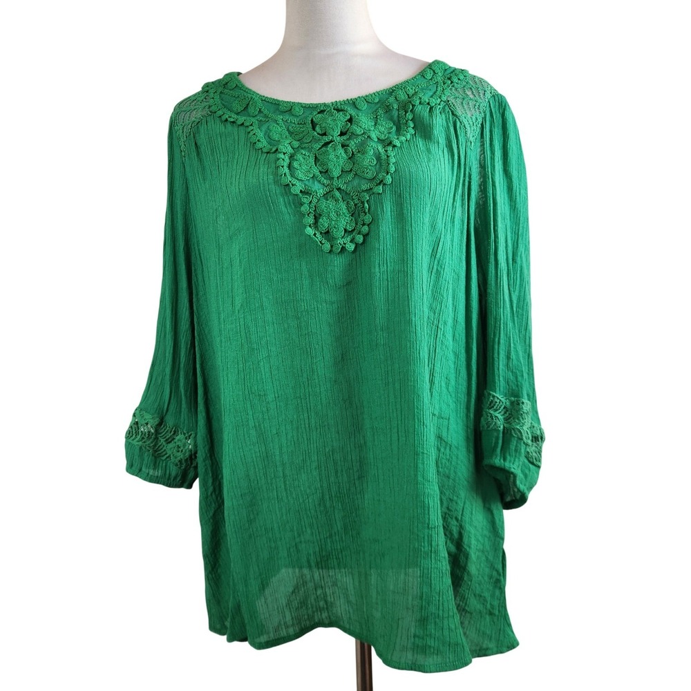 Zac & Rachel Woman Green Lace Crochet Trim Crinkle Boho‎ Blouse Top Size 2X
